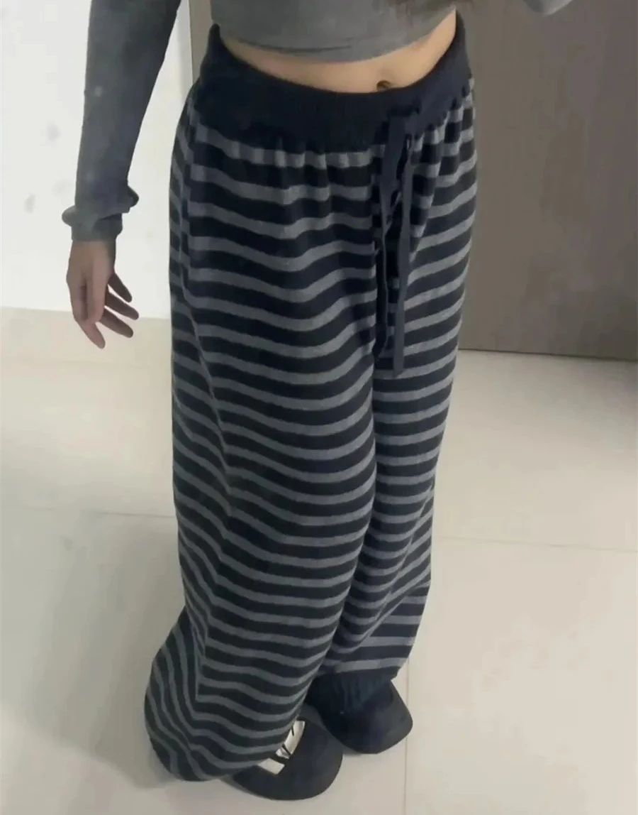 

Y2k Эстетические женские прямые брюки Винтажные свободные вязаные повседневные брюки Harajuku контрастного цвета в полоску широкие брюки