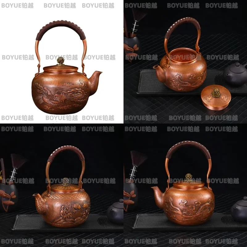 Hand Hammered Copper Teapot Retro Chinese Kettle Portable Office Tea Pot Traditional Household Water Boiler Pure Metal Ware