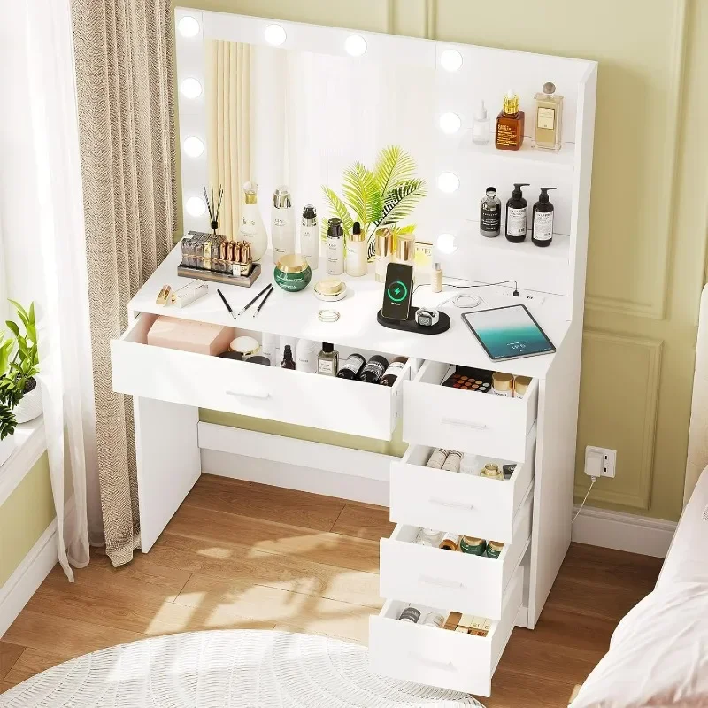 Makeup Vanity Desk, Vanity Table with Mirror & 3 Lighting Colors, Brightness Adjustable,  Dressing Table with Charging Station