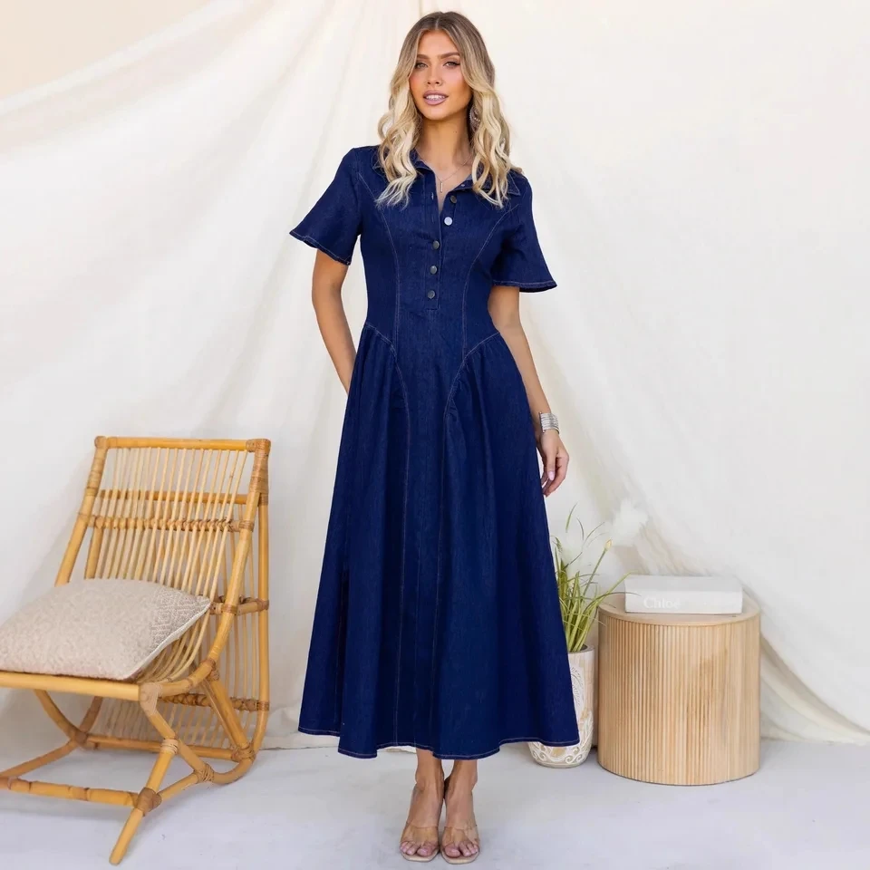 

2026 Spring New Elegant Waist Cinching Short Sleeve Flared A Line Deep Blue Denim Dress Women Versatile
