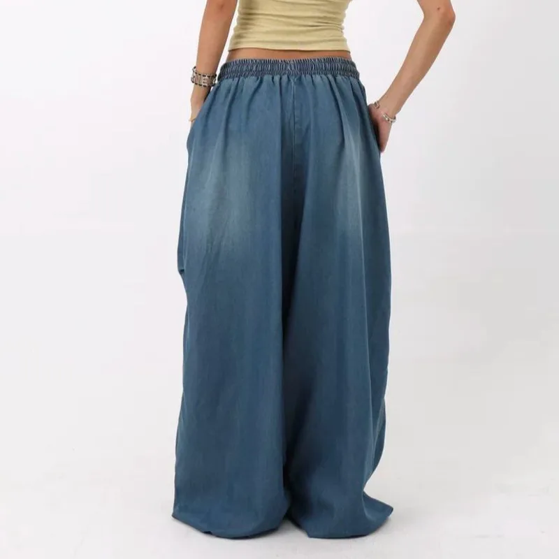 Hksh primavera outono novas mulheres jeans baggy cordão cintura elástica angustiado lavado denim versátil retro chique calças hk14499