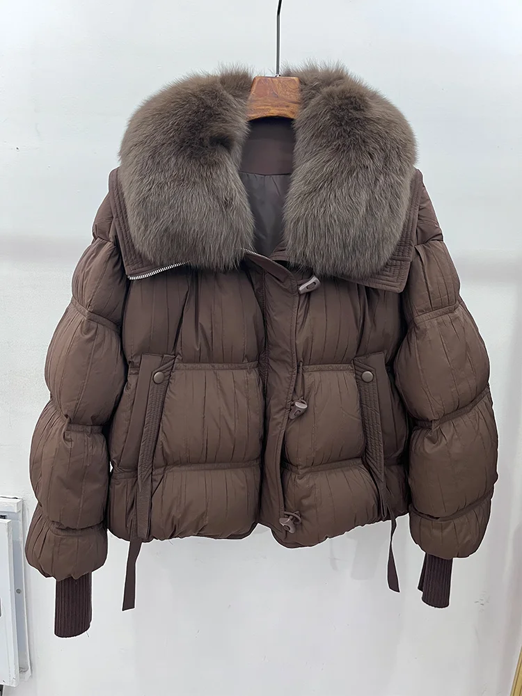 

2025 модная зимняя теплая женская куртка из натурального 90% гусиного пуха с воротником из натурального лисьего меха, плотное пальто, роскошная верхняя одежда, куртка-пуховик