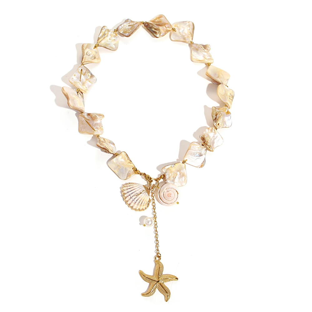 

Необычное колье-чокер из натуральной ракушки для женщин, модное ожерелье из ракушек с жемчугом и морской звездой, подвески, ожерелья, пляжные украшения, подарки