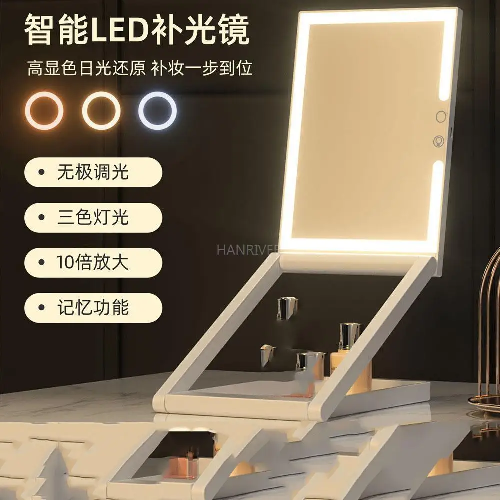 Novo espelho de maquiagem led portátil de mesa dobrável espelho de maquiagem led com luz