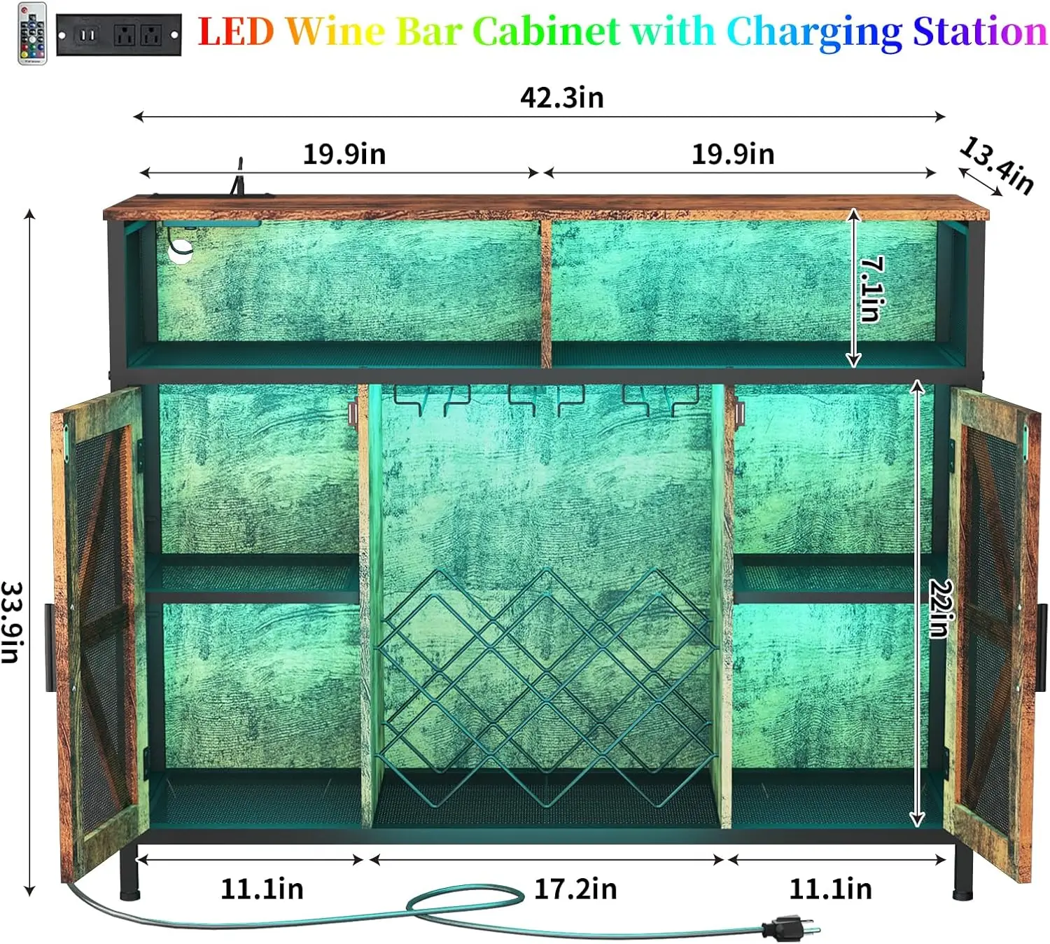 Xxl Led Wine Cabinet Home Bar Cabinets With Power Outlets, Coffee Bar Cabinet Liquor Cabinet For Glasses, Vintage Buffet