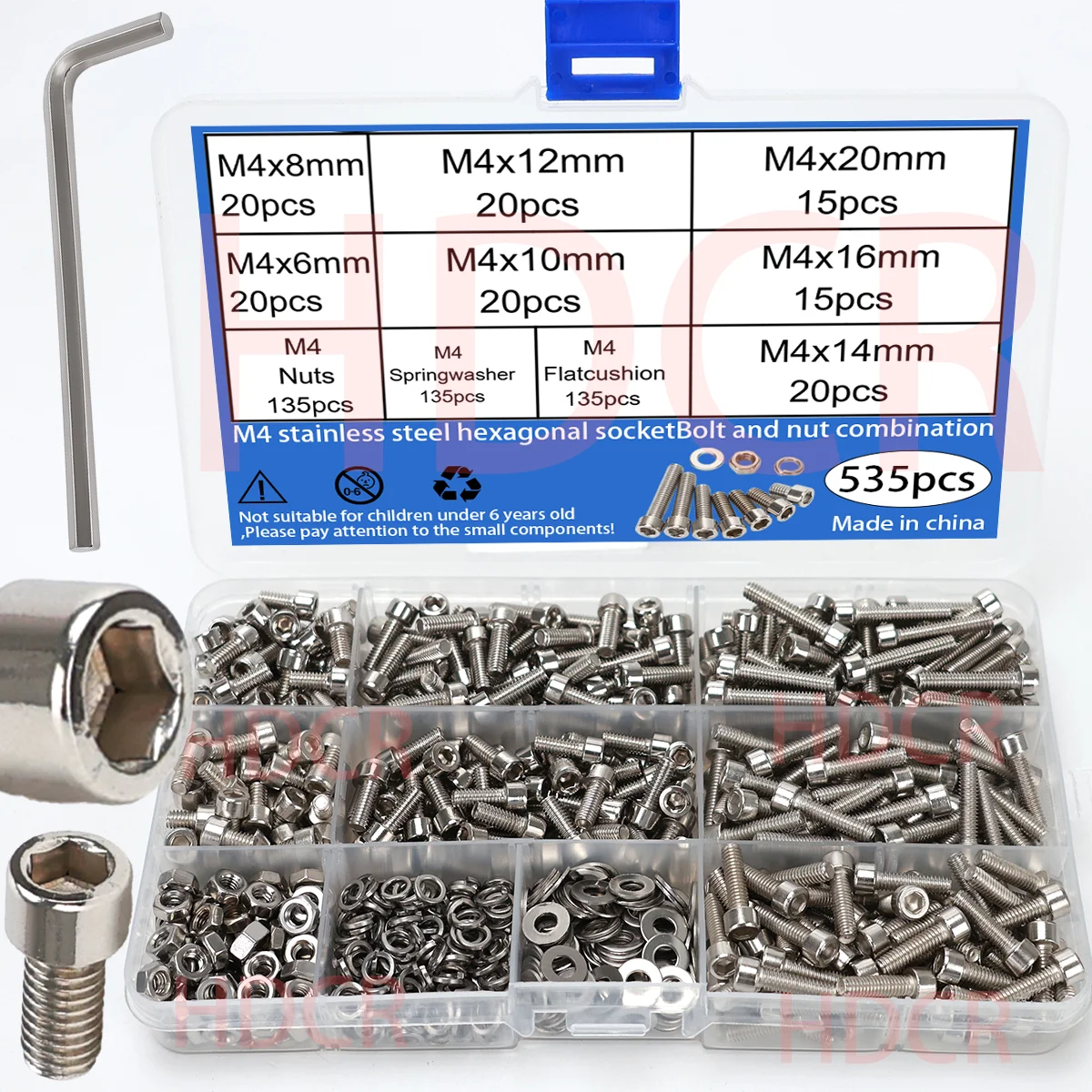 600 stuks RVS zeskantboutjes en -moeren set - M3, M4, M5, M6 kopmoeren met zeskant - Inclusief vlakke ringen - afbeelding 2