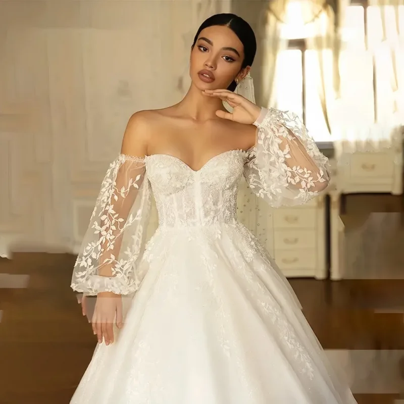 Nouveauté femmes robe de mariée perle broderie dentelle brillant queue de mariage à manches longues robe de mariée robe de bal col blanc