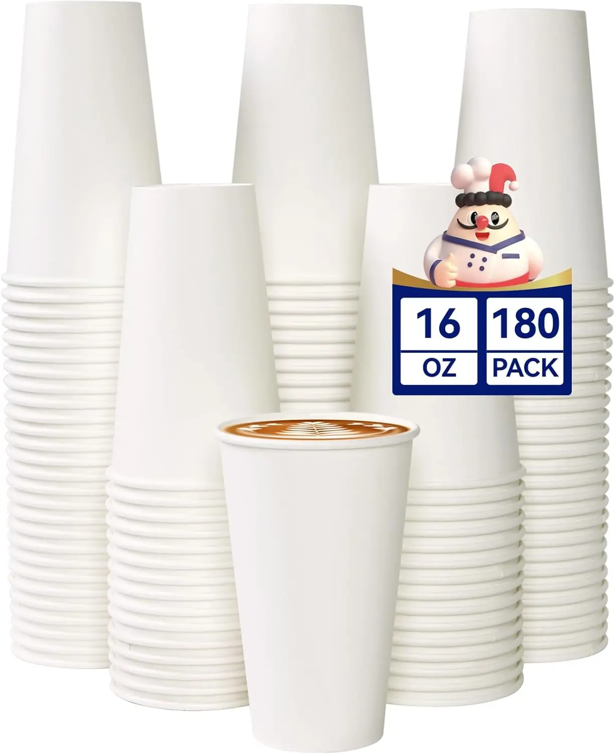 

180 Count 16 oz Coffee Cups, White Disposable Paper Cups for Party, Picnic, Travel, Events, Sturdy & Leak-Proof