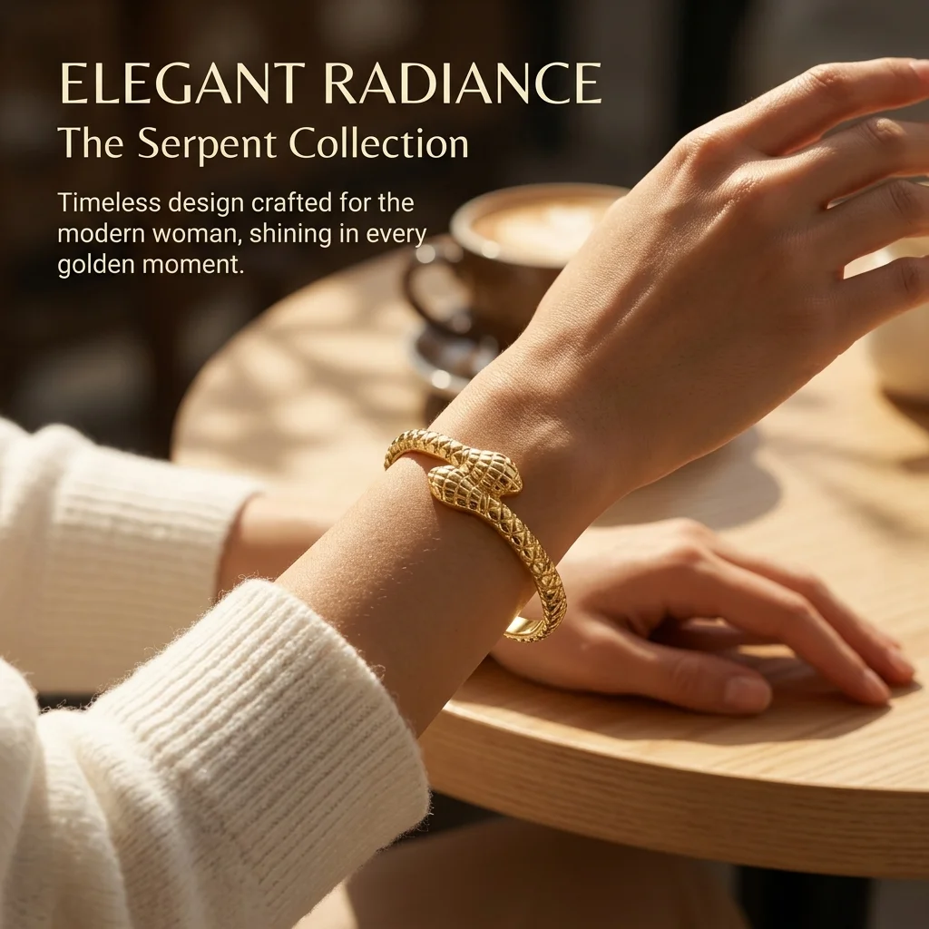 Gold Color Snap-on Bangle, Stainless Steel Snake Bracelet for Women, Fashion Jewelry Gift 60mm