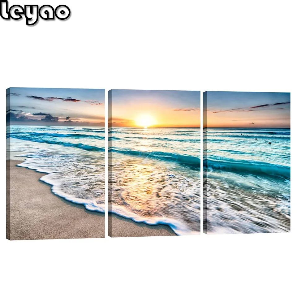 3 Piece Diamond Paintings for Living Room Home Office Decorations Blue Beach Sunrise White Wave Diamond Mosaic Seascape Scenery