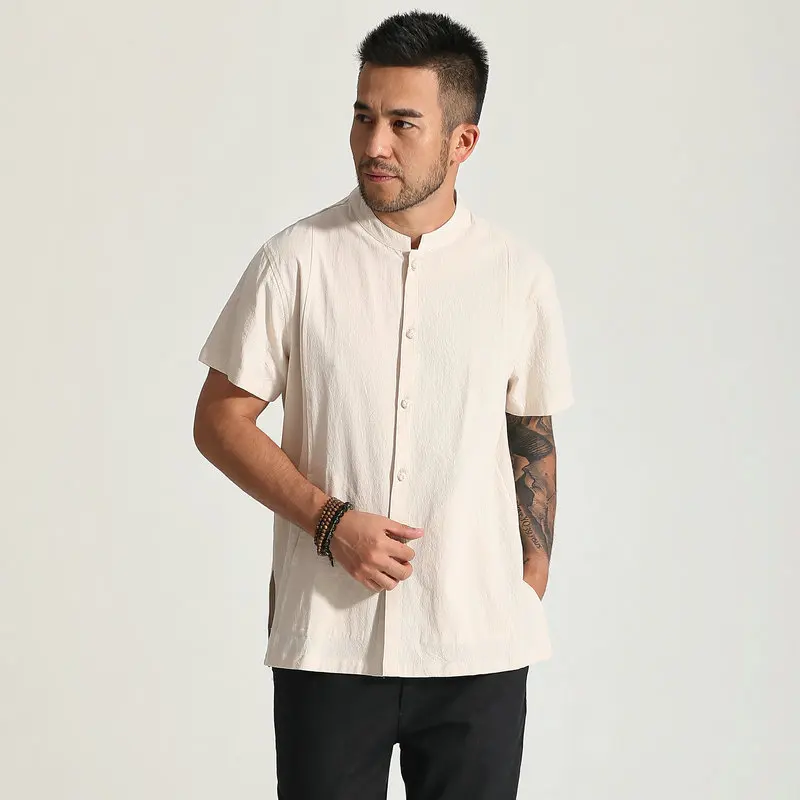 2024 Men Cotton Shirts Beige White Black Mandarin Collar SIngle Breasted Short Sleeve Tops Male Zen Style Top Summer Spring Wear