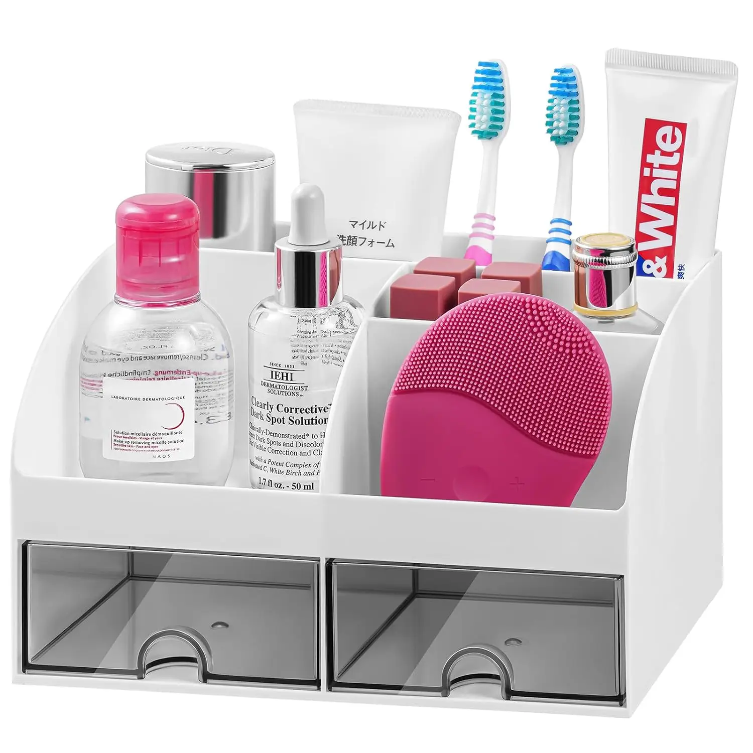 

Toothbrush Holders for Bathrooms Countertop, 5 Slots Toothpaste Bathroom Counter Sink Organizer with Drawers, Plastic Bathroom O