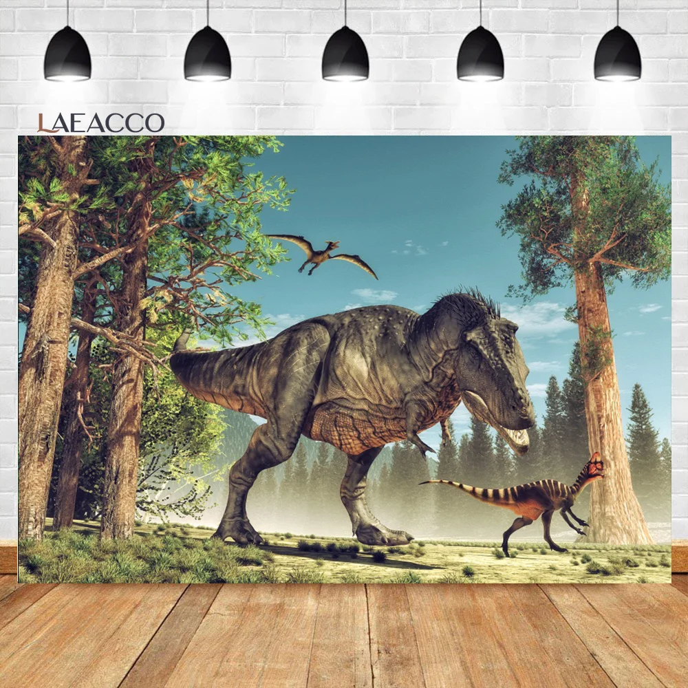 Laeacco Dinosaur Backdrop 3D Jungle World Dinosaur Kingdom Boys Birthday Baby Shower Portrait Customized Photography Background