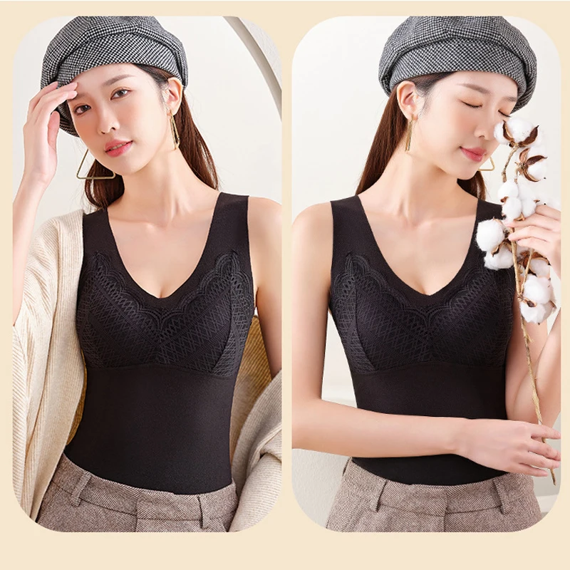 Thermal Vest with Padded Bra Women Warm Winter Tank Tops Stretch Velvet Thermo Camisole Lace Underwear Soft Thick Undershirt