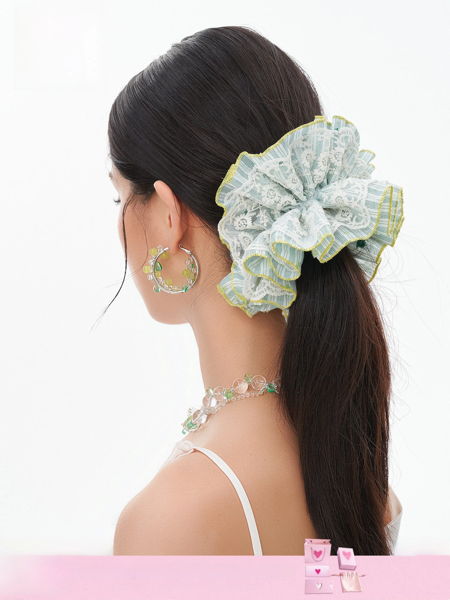 繊細なpp生地のヘアゴム、二重層のローポニーテール、ストライプデザイン、大人男女兼用ファッションヘアアクセサリー、優しいフレッシュスタイル