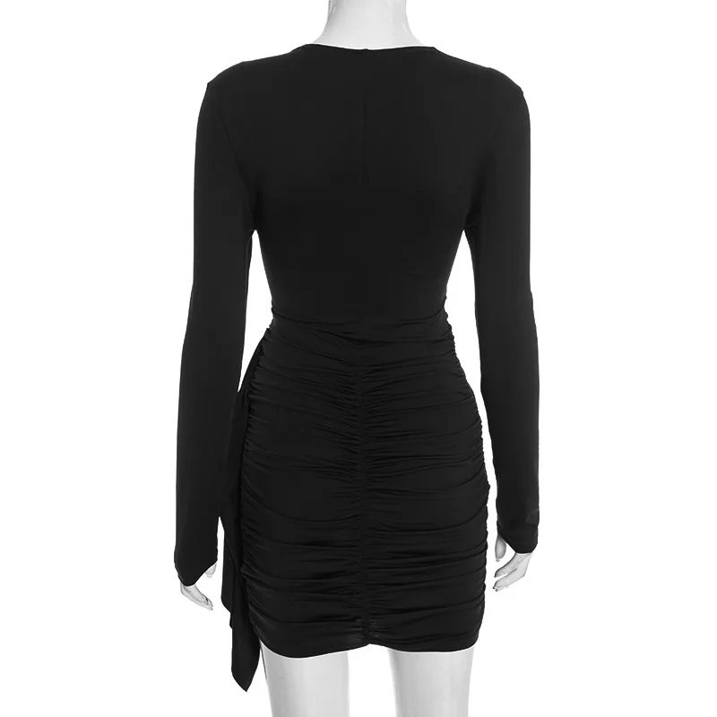 Sukienka mini bodycon z marszczeniem na boku, damska, jednolita, z okrągłym dekoltem, długim rękawem, w stylu hipster, dopasowana, codzienna, streetwearowa, na imprezę, do klubu, vestidos