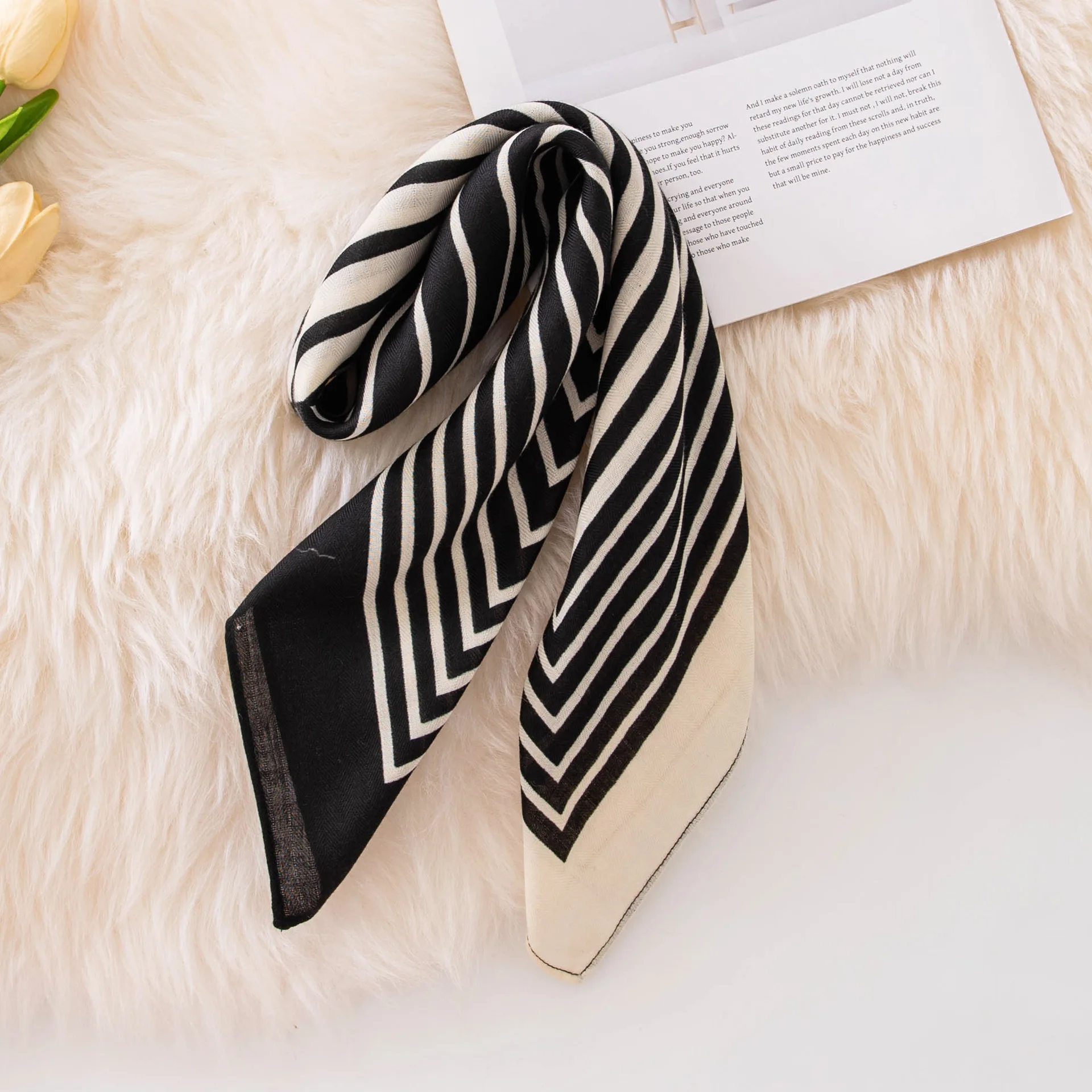Black and White Simple Square Scarf, High-end Temperament, Retro Striped Imitation Silk Neck Scarf, Accessories Silk Scarf