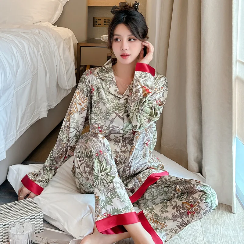 Women\'s Pajamas Sets Spring Autumn 2 Piece Forest Print Pyjama Faux Silk Satin Sleepwear Long Sleeve Pijama Mujer Pjs Homewear