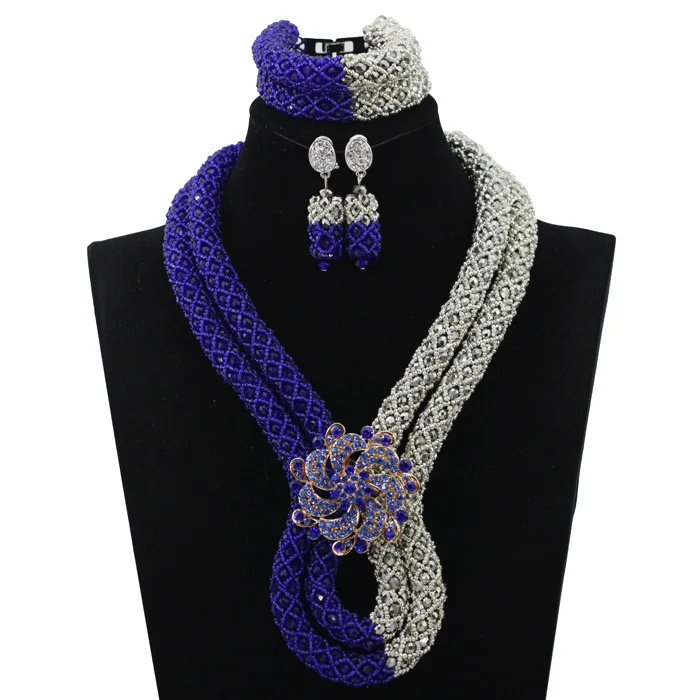 Pretty Women Crystal Blue Necklace Sets Fashion Vintage Ethnic Jewelry Nigerian Bead Necklace  ABL579