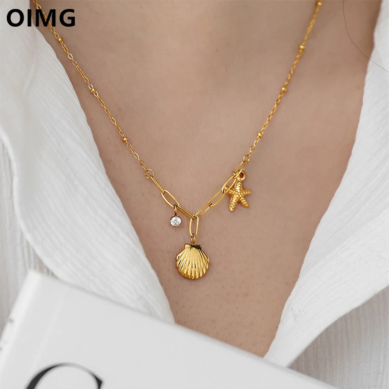 OIMG 316L Stainless Steel Gold Plated Summer Romance Chain Starfish Shell Pendant Necklace For Women Wedding Gift Waterproof