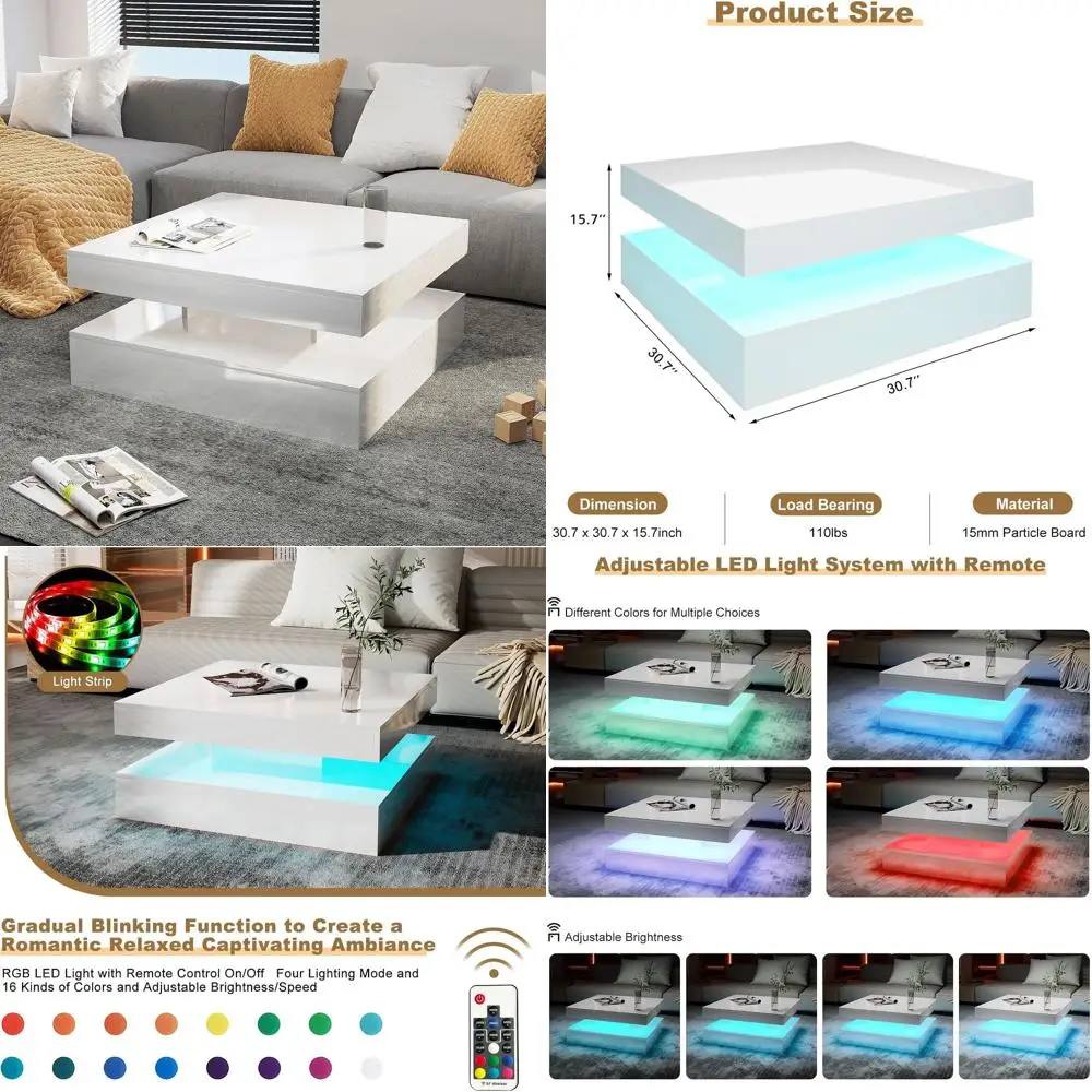 

Современный белый глянцевый 2-х уровневый квадратный журнальный столик с местом для хранения вещей для гостиной и столовой, высота 15,7