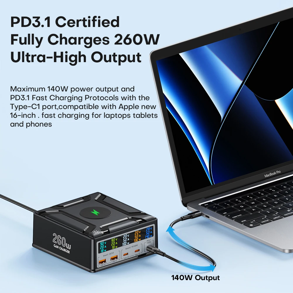 260W USB C GaN Charger QC3.0 PD3.1 140W USB Type C Fast Charger For Macbook Pro Tablet iPhone 14 Samsung Xiaomi Wireless charge
