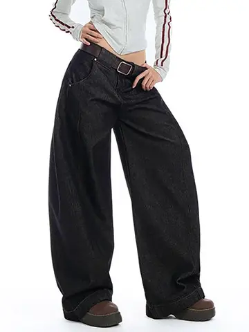 American Retro Jeans for Women Casual Floor Length Baggy Wide-leg Trousers Harajuku High Waist Denim pants