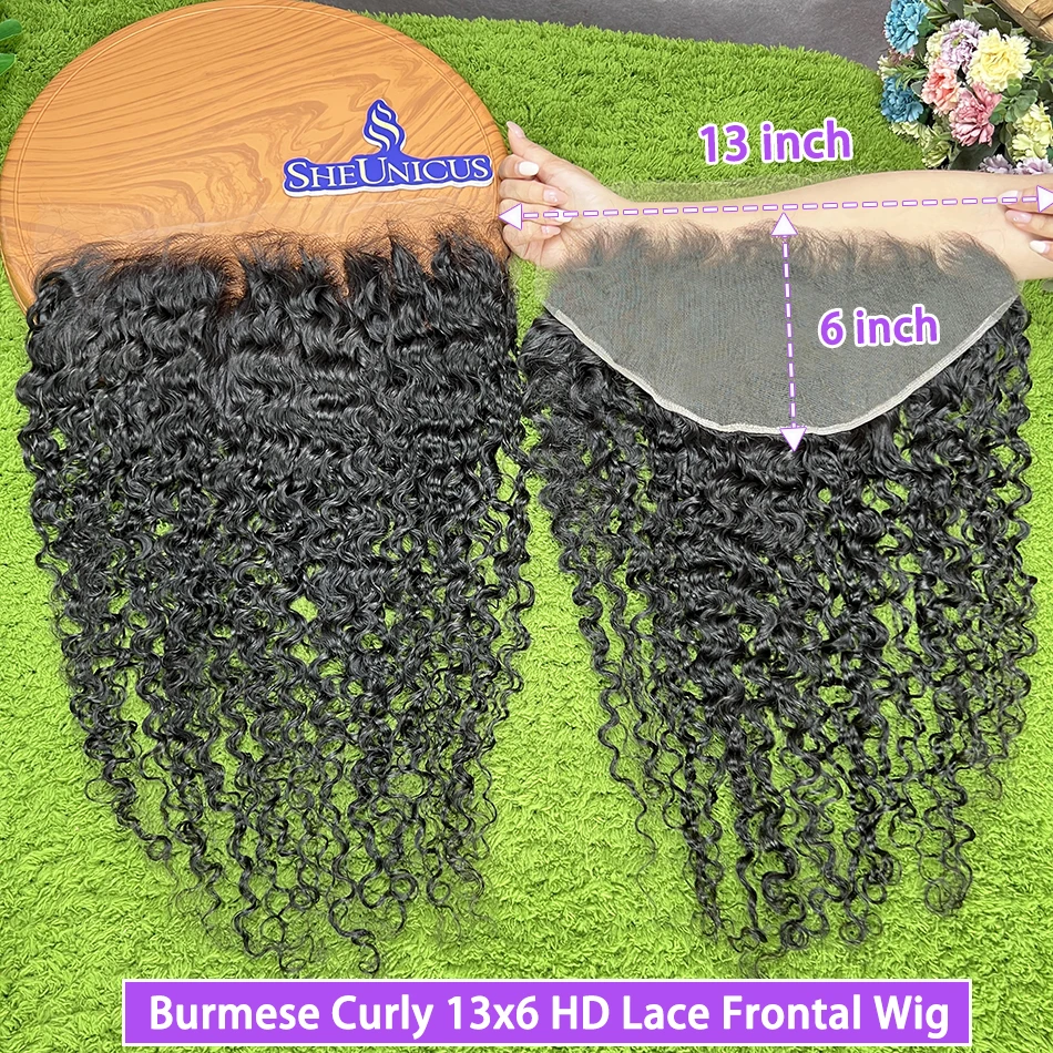 Burmese Curly 13x6 HD Lace Frontal Human Hair #1B Natural Color Preplucked Bleached Knots Invisible Lace Closure Raw Virgin Hair