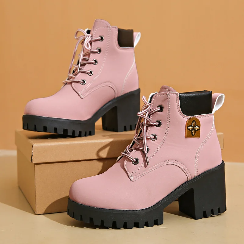 Size 35-42 Women Autumn Winter Platform High Quality Lace-Up 7.5cm High Heels Shoes Fashion Sexy Pink Short Boots Botas De Mujer