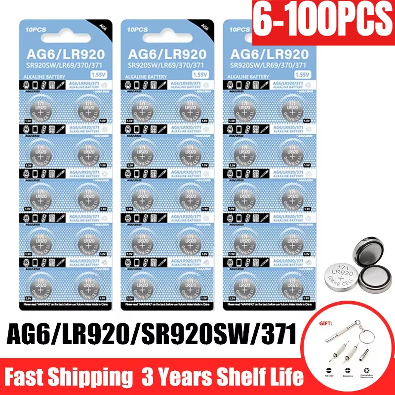 6-100Pcs AG6 LR920 Alkaline Button Batteries LR920 SR920SW 371 V37 SR69 L921 Cell Coin Battery for Watch Toys Calculators pilas