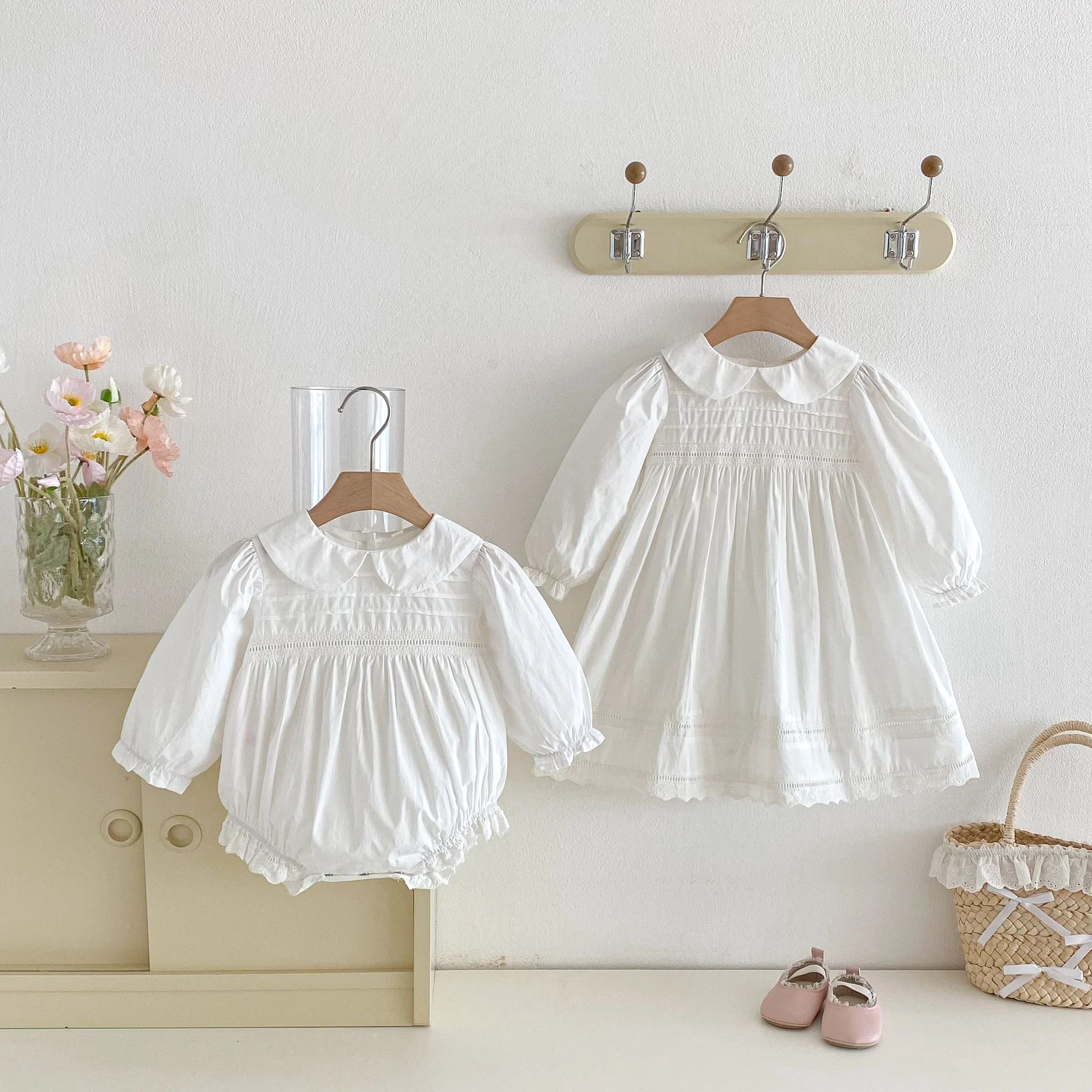 1-7Yrs Casual Mädchen Kleid Frühling Kinder Kleidung Baumwolle Spitze Süße Peter Kragen Weiß Baby Mädchen Gestickte Prinzessin Party Kleider – Detail 2