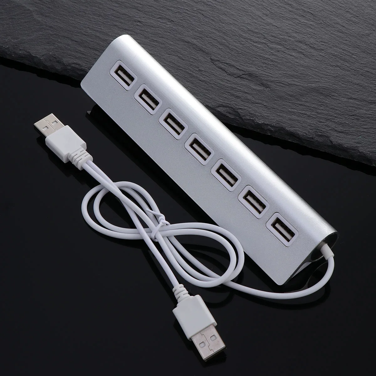 

7-Port Usb 2.0 Hub Adapter For Pc Laptop Silver Durable Data Transfer Splitter External Power Support Compatible With Windows