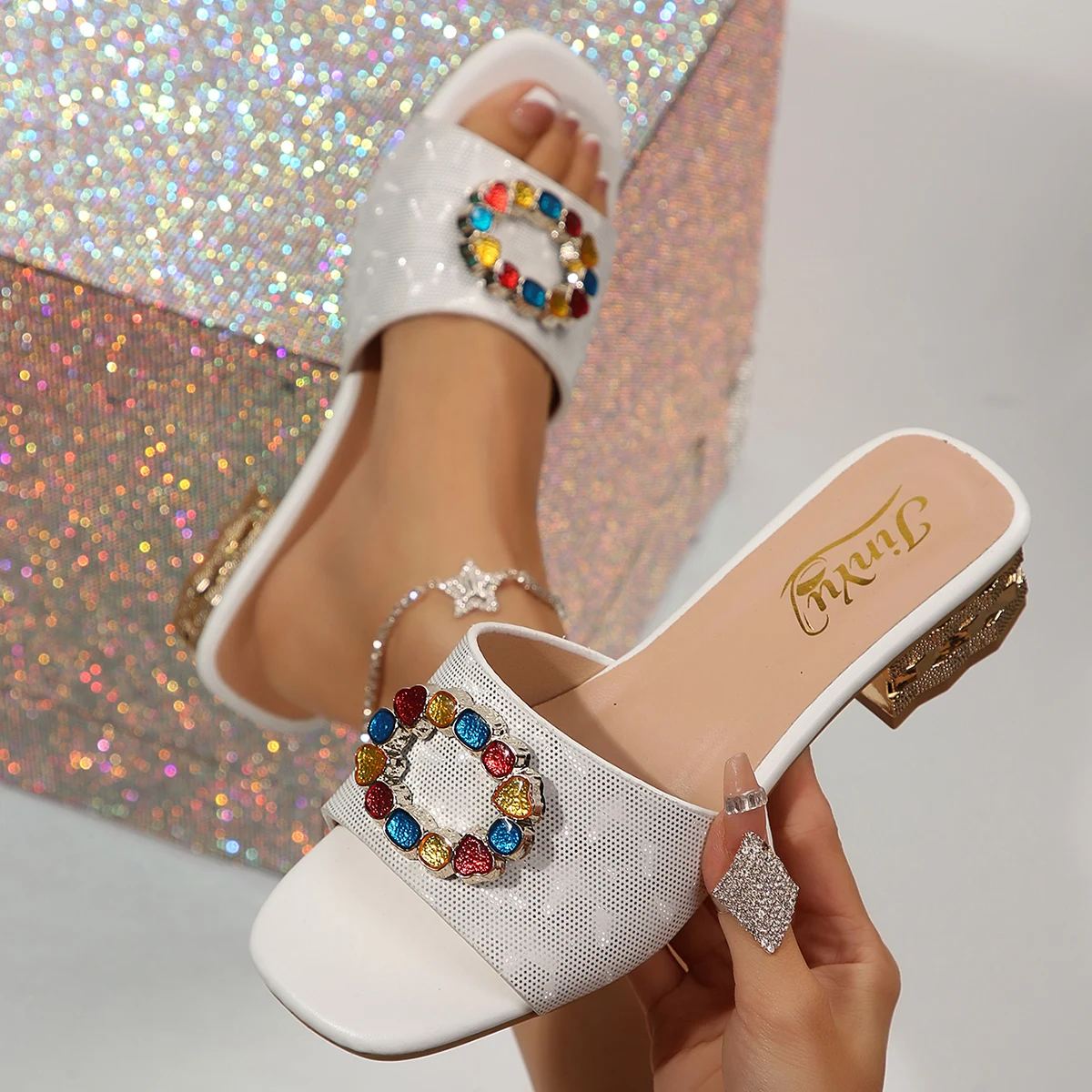 Fashion Women Square Toe Slide Sandals Low Heel Colorful Rhinestone Hollow Out Shoes Casual Daily Footwear for Ladies