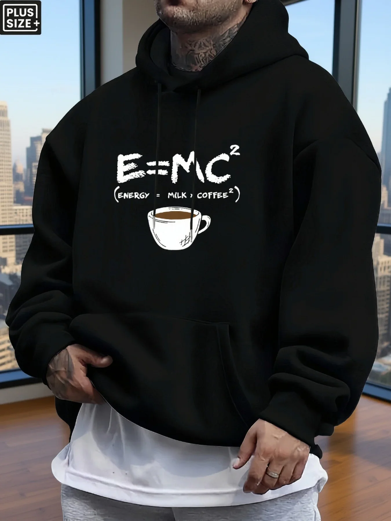 Men Fleece Hoodie Funny E=MC2 Milk Coffee Formula White Coffee Cup Chest Print Black Casual Geek Pullover