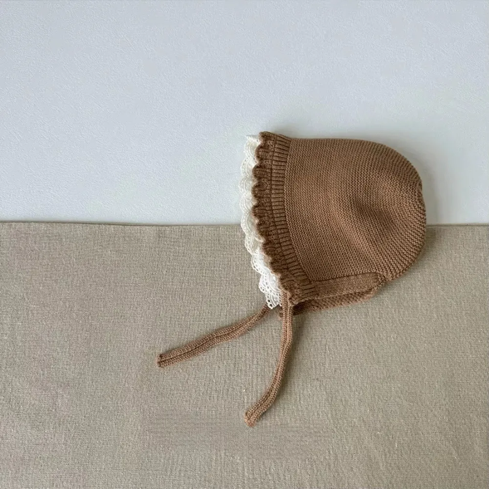 

New Ruffle Lace Baby Hat Keep Warm Solid Color Knitted Wool Hat Ear Protection Cap Boys Girls