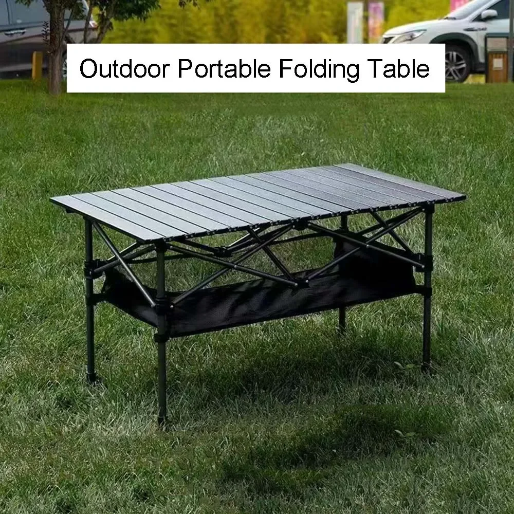 Outdoor folding long table, black camping table, easy to install for barbecue, equipped with mesh bag, freely adjustable height!