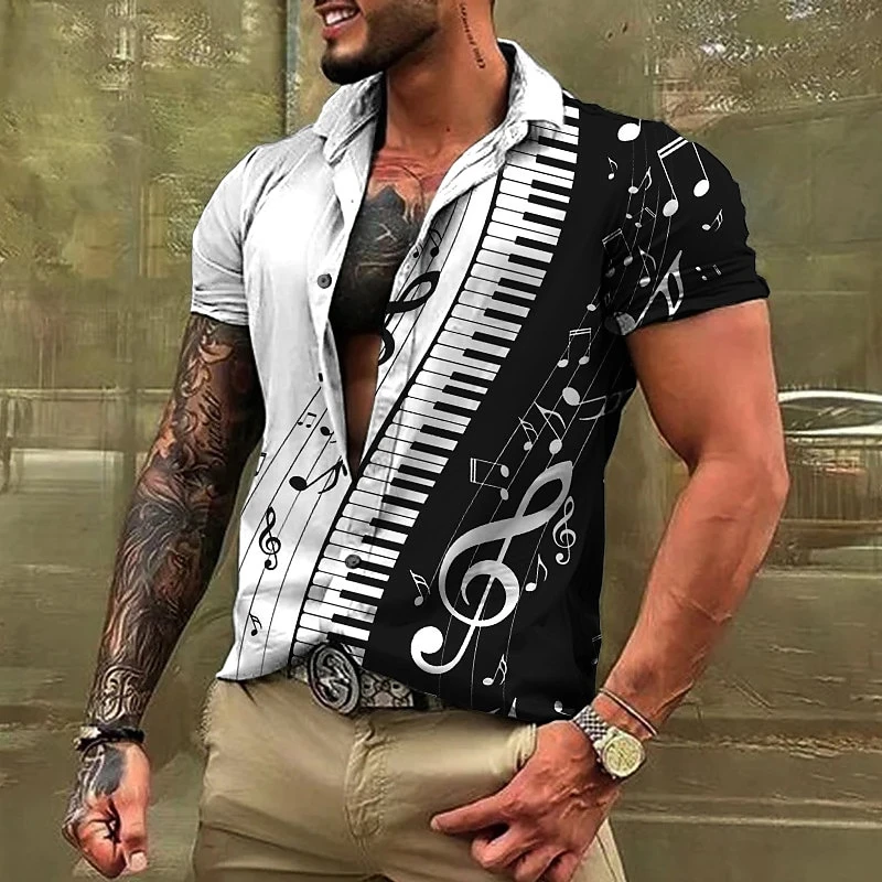 Camisa con estampado gráfico de notas musicales para hombre, solapa de teclas de Piano, botón de manga corta informal, ropa de calle de moda, diseñador suave