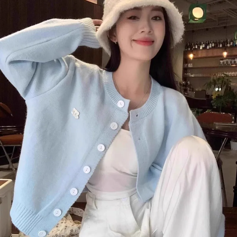 Women Clothing Sweet Fashion Solid Knit Cardigan Spring Autumn Casual Loose Blue Thin Sweaters Office Lady All-match Button Tops