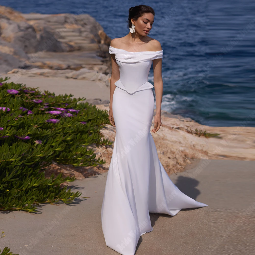 

Popular Mermaid Women Wedding Dresses Off The Shoulder Pleat Satin Bridal Gowns Mopping Length Vestidos De Novia Customized 2026