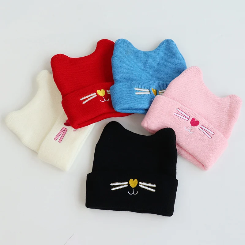 Korean version of cute cat whiskers baby ruffled pullover hat children warm knit wool hat baby ear warmers