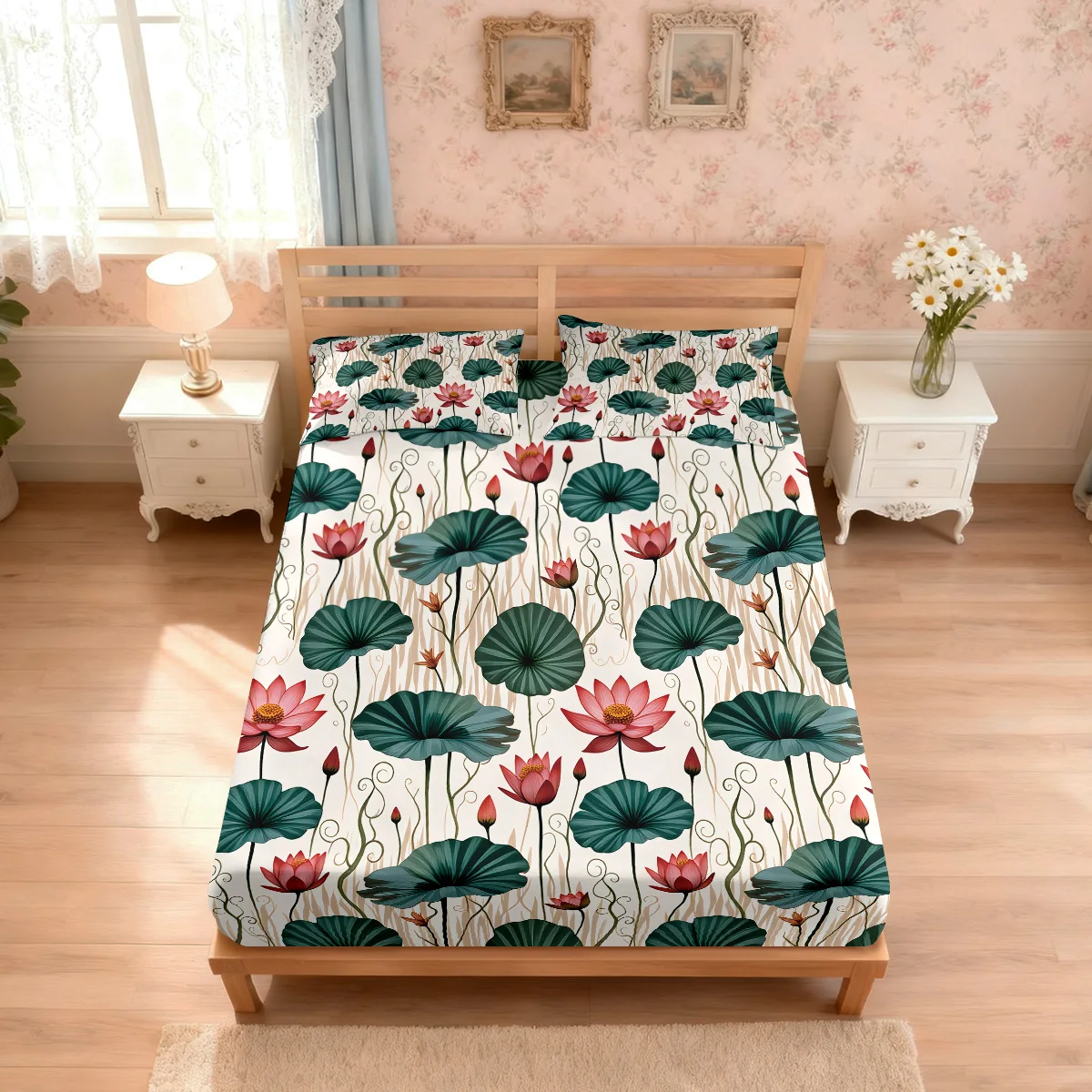 3pcs Beautiful Lotus Printed Chipless Bed Sheet Set, Multi Size Soft Bed Cover, Bedroom Bedding Decoration