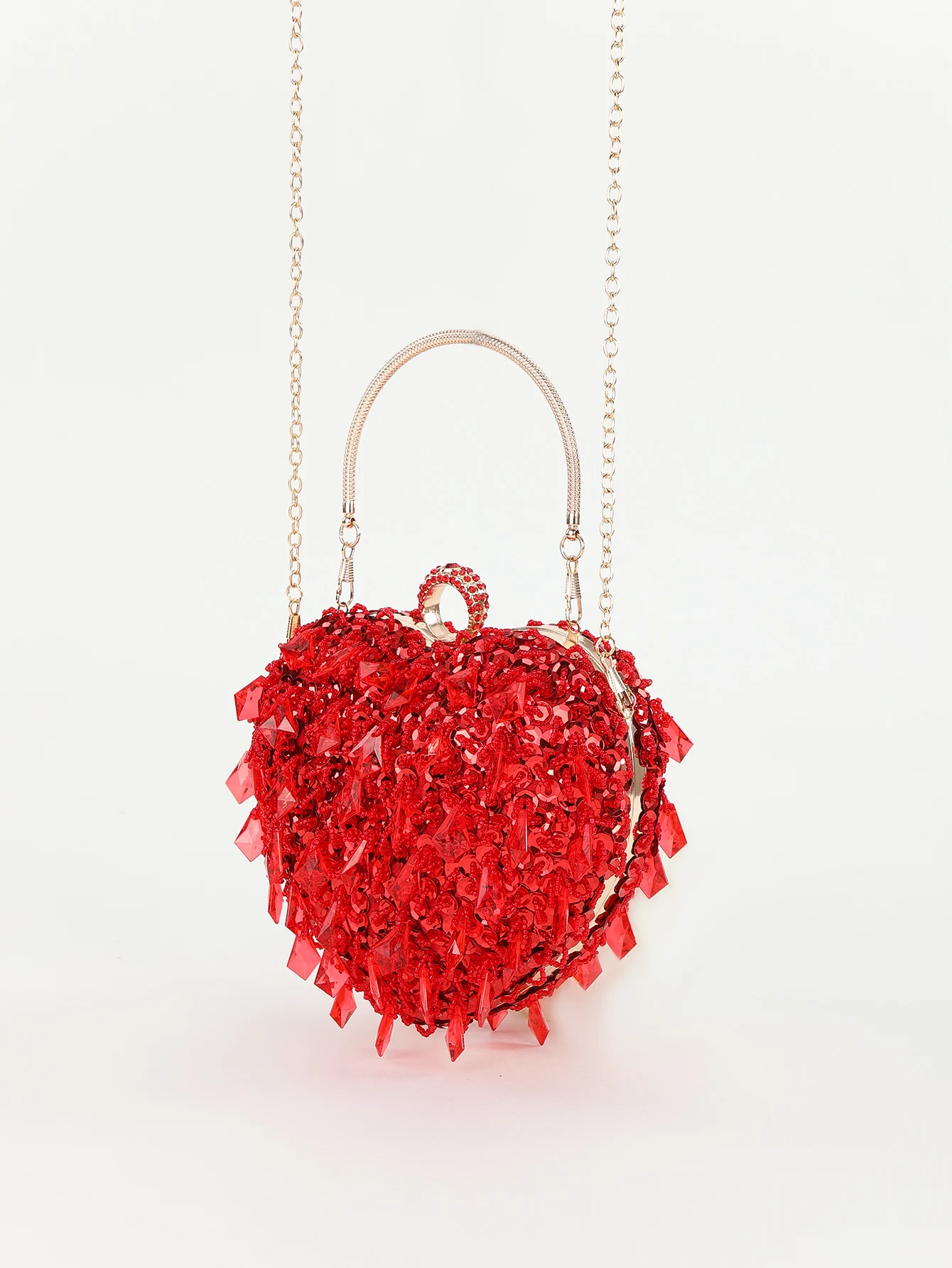 mini Hand-beaded sequin hand crossbody evening bag with red heart shape knucklebox bag for party，wedding and dinner