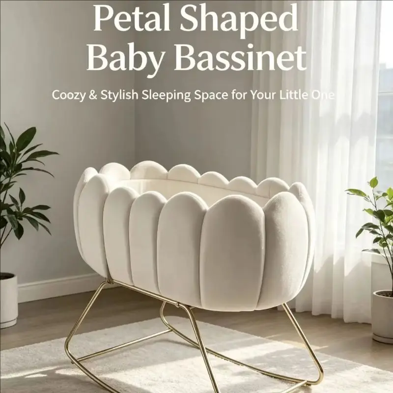 Cradle for Newborns, Manual Rocking Baby Bassinet, Velvet Iron Frame Bedside Sleeper, Gentle Sway Nursery Crib for Infant