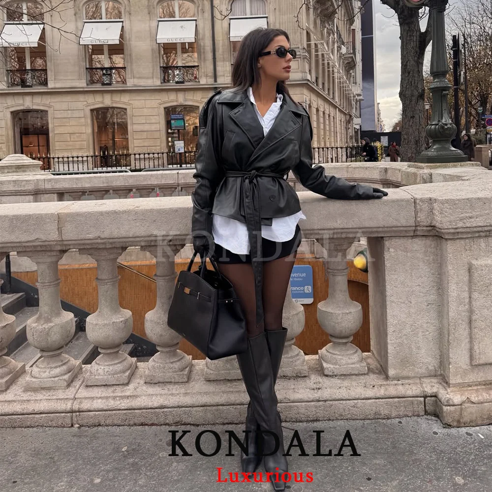 KONDALA, ropa de calle, chaquetas elegantes de cuero negro, chaquetas cortas con fajas y botones de manga larga para mujer, prendas de vestir elegantes a la moda para primavera 2026