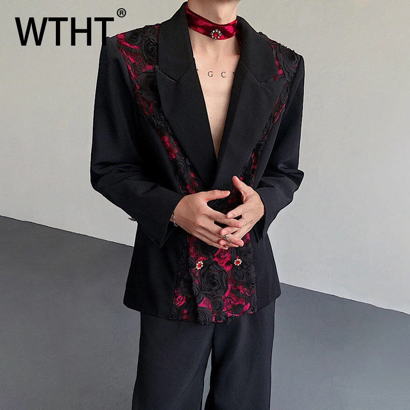 WTHT Fashion Men's Spliced Flower Diamond Contrast Color Blazer Coat Trendy Lapel Double-breasted Jacket Male 2025 Summer 2A1181