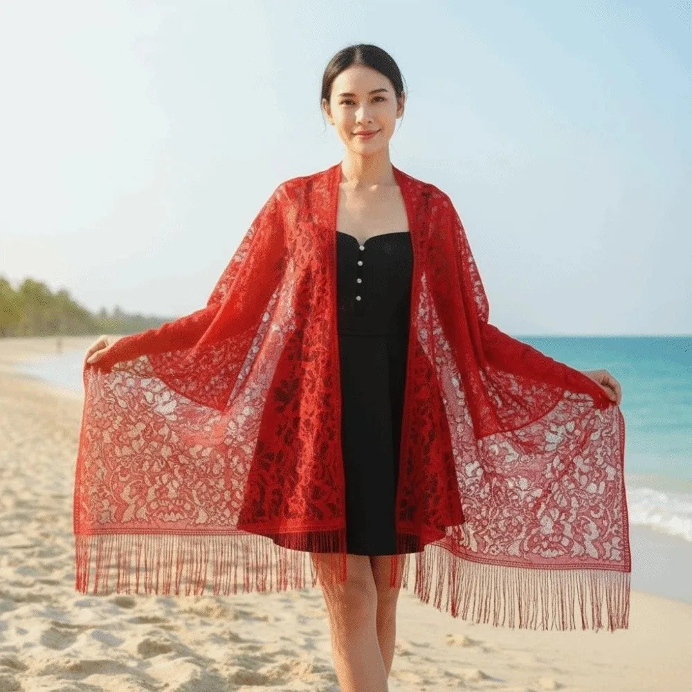 

Breathable Lace Hollow Flower Shawl with Tassel Sunscreen Sunshade Thin Large Scarf Solid Color Lightweight