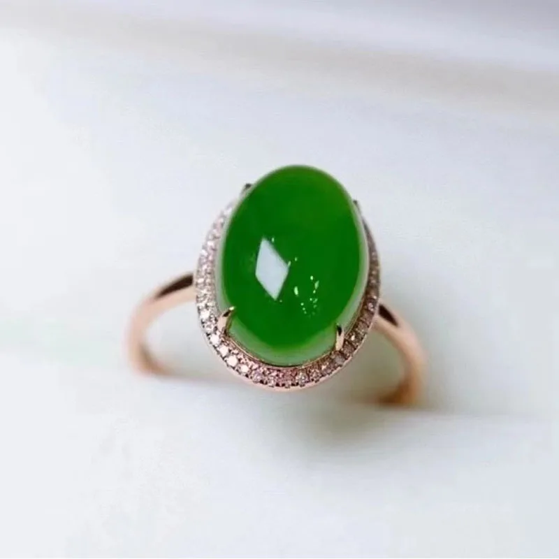 

18K gold with diamond inlay Hetian jasper full diamond cabochon ring jade ring women's handicraft gift certificate