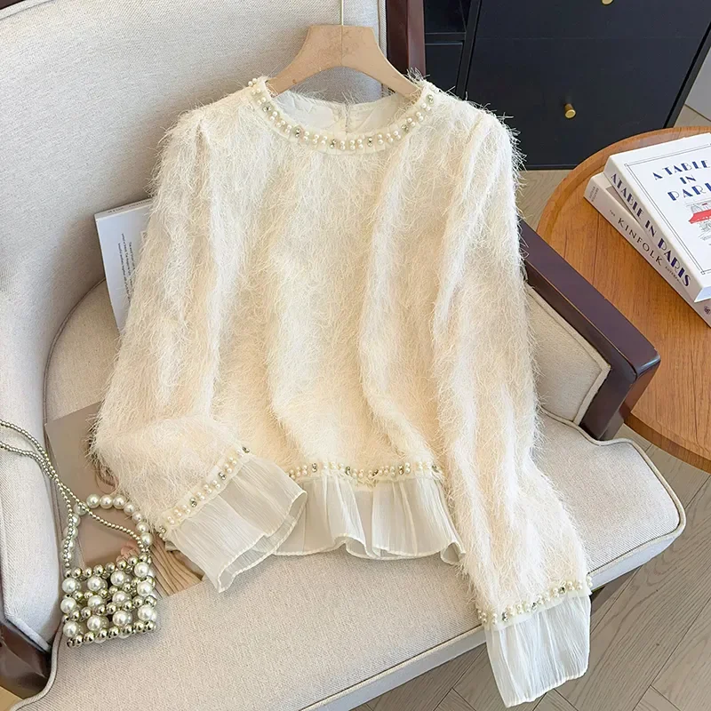 

Spring New Style Gentle Style Heavy Industry Beading Splicing Ruffle Tassel Round Neck Bell Sleeve Shirt Women's Top