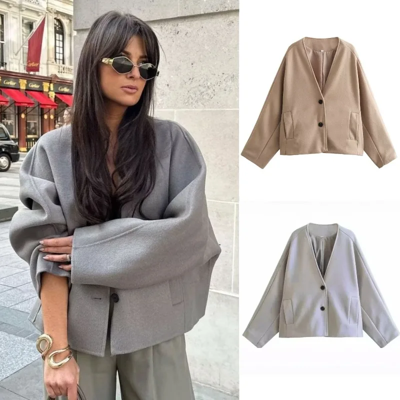 

American Fashion Off Shoulder Sleeve Jacket Women's Autumn and Winter New Style Woolen V-neck Single Breasted Cardigan Top