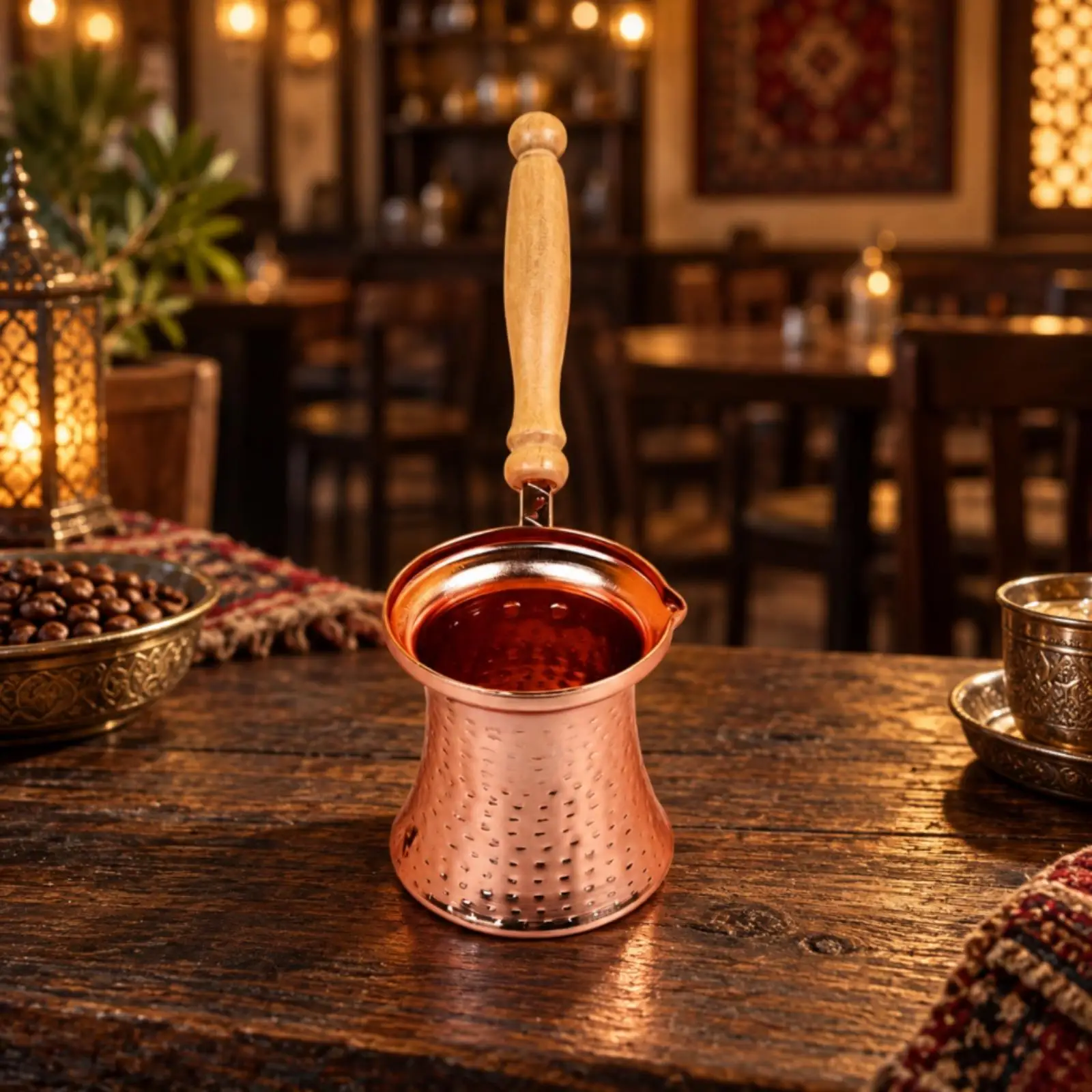 Turkish Coffee Brewing Kettle with Metal Gold Finish and Flared Rim for Hot Beverage and Drink Service